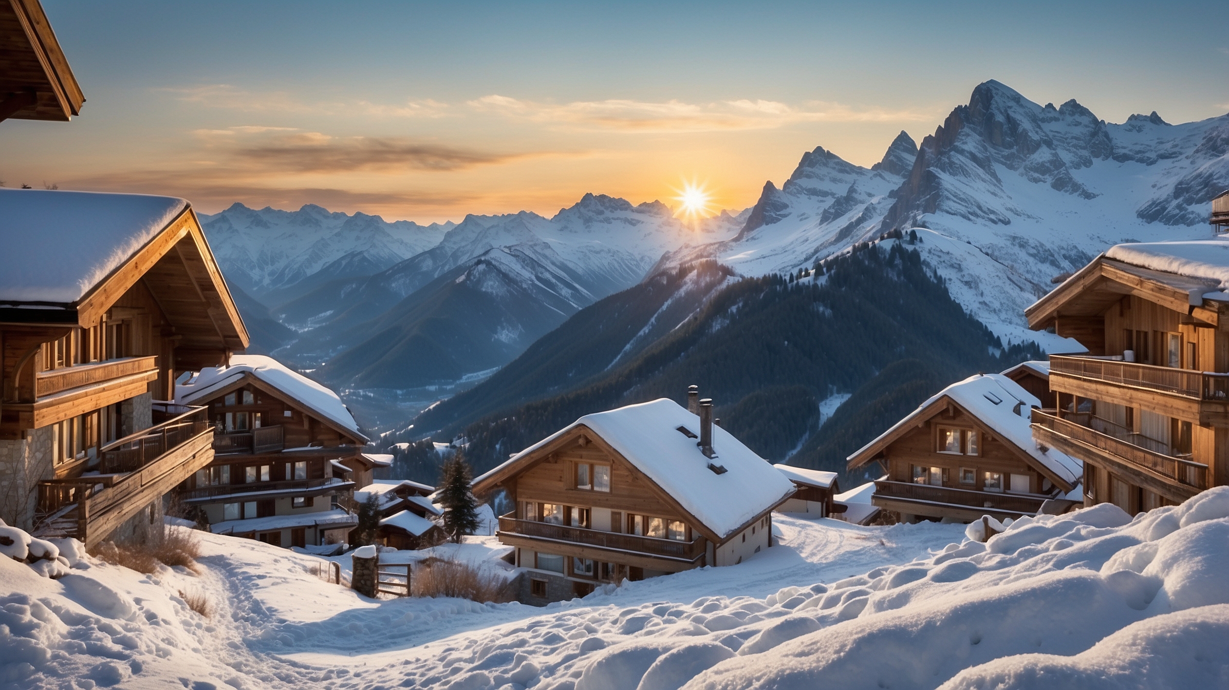 UBS Family Office Report 2024. Schönes Charlet in den Schweizer Alpen. Schneebedeckt.